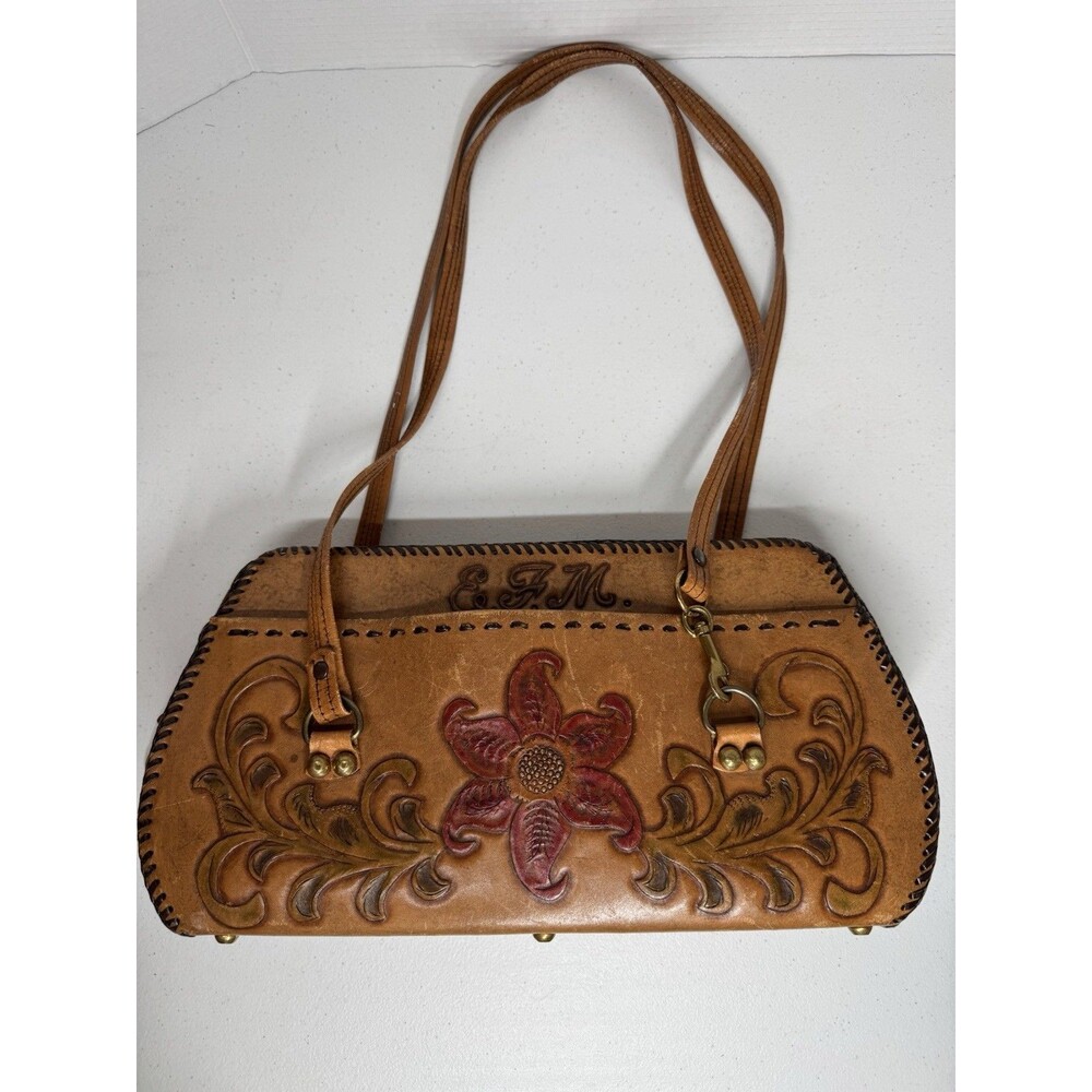 Vintage Leather Purse Hand Bag Hand Crafted Tooled Flower Design Etched